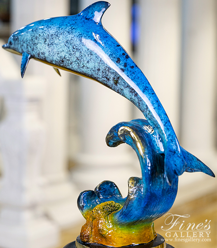 Bronze Statues  - Dolphin Riding Wave In Brilliant Blue Bronze - BS-1722